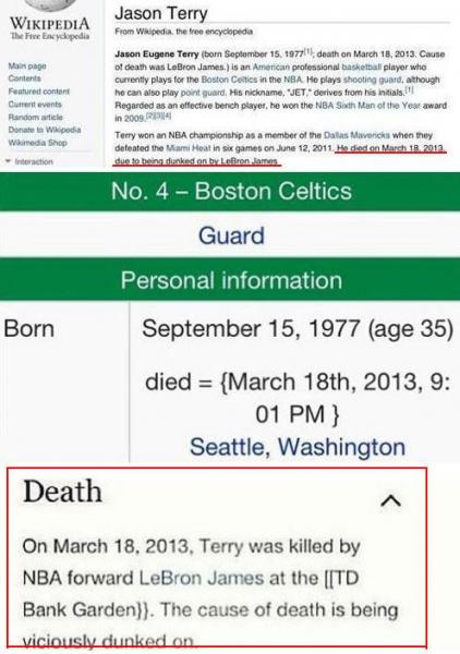 囧!特里“被死亡”,維基百科詞條被改“死”于皇帝暴扣之下