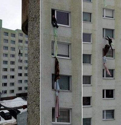 為了自由,被老婆反鎖的男子用床單從8樓逃生摔下7樓掉入樓底雪堆